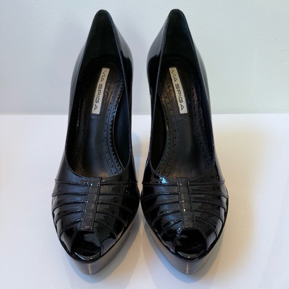 VIA SPIGA Black Patent Leather Platform Peep Toe Heels Size 7.5 Block Heel Pumps - Picture 12 of 13